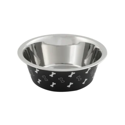 Large Stainless Steel Dog Bowl, Black with Bones, 48 Fluid Ounces